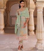 Green floral printed tissue kurta set
