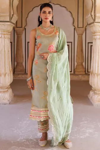 Green floral printed tissue kurta set