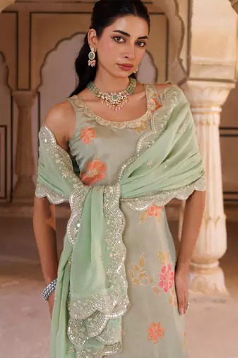 Green floral printed tissue kurta set