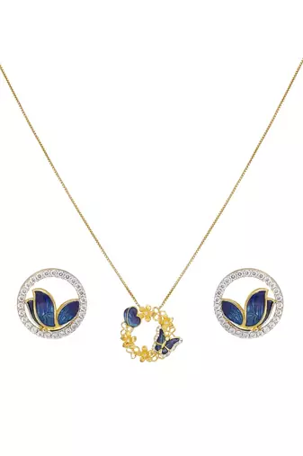 gold plated blue butterfly floral wreath pendant set