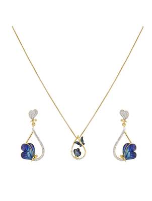 gold plated blue butterfly oval pendant set 2