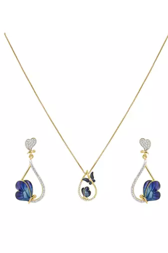gold plated blue butterfly oval pendant set