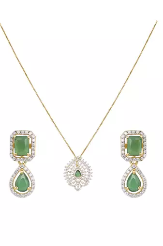 gold plated filigree fan green stone pendant set
