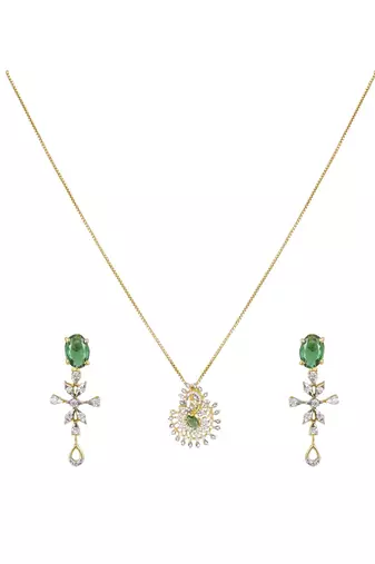 gold plated sunburst green stone pendant set