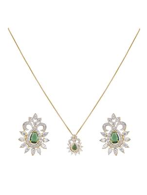 gold plated floral halo green stone pendant set 2