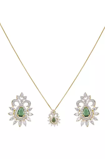 gold plated floral halo green stone pendant set