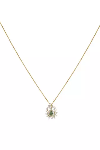gold plated floral halo green stone pendant set