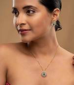 gold plated floral halo green stone pendant set