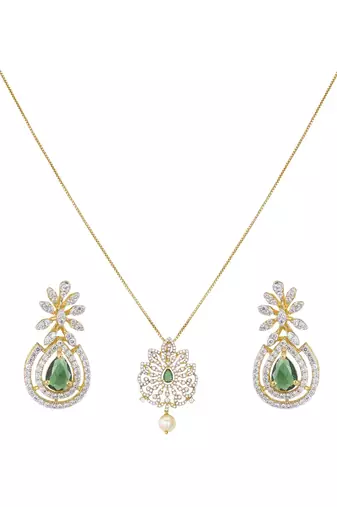 gold plated necklace set with green stone accent