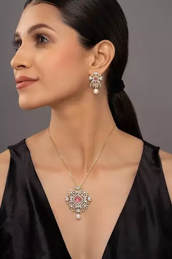pink stone necklace set with gold plated finish