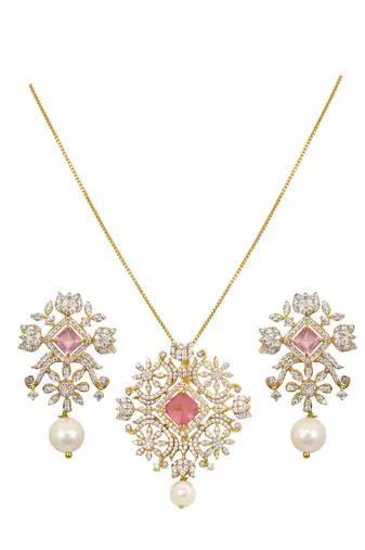 pink stone necklace set with gold plated finish