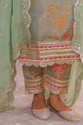 Green floral printed tissue kurta set