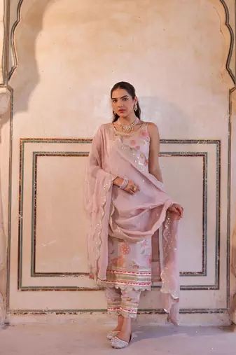 Pink floral printed tissue kurta set