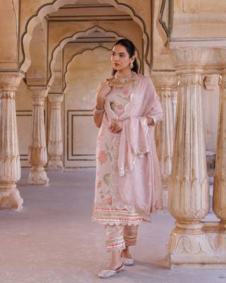 Pink floral printed tissue kurta set 1