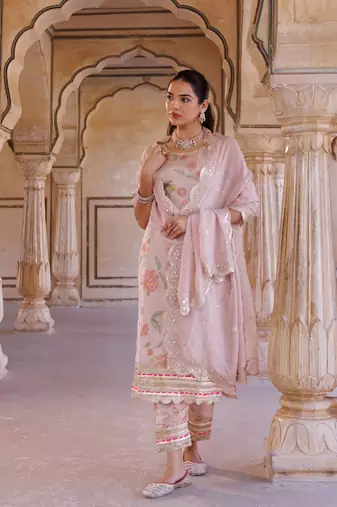 Pink floral printed tissue kurta set