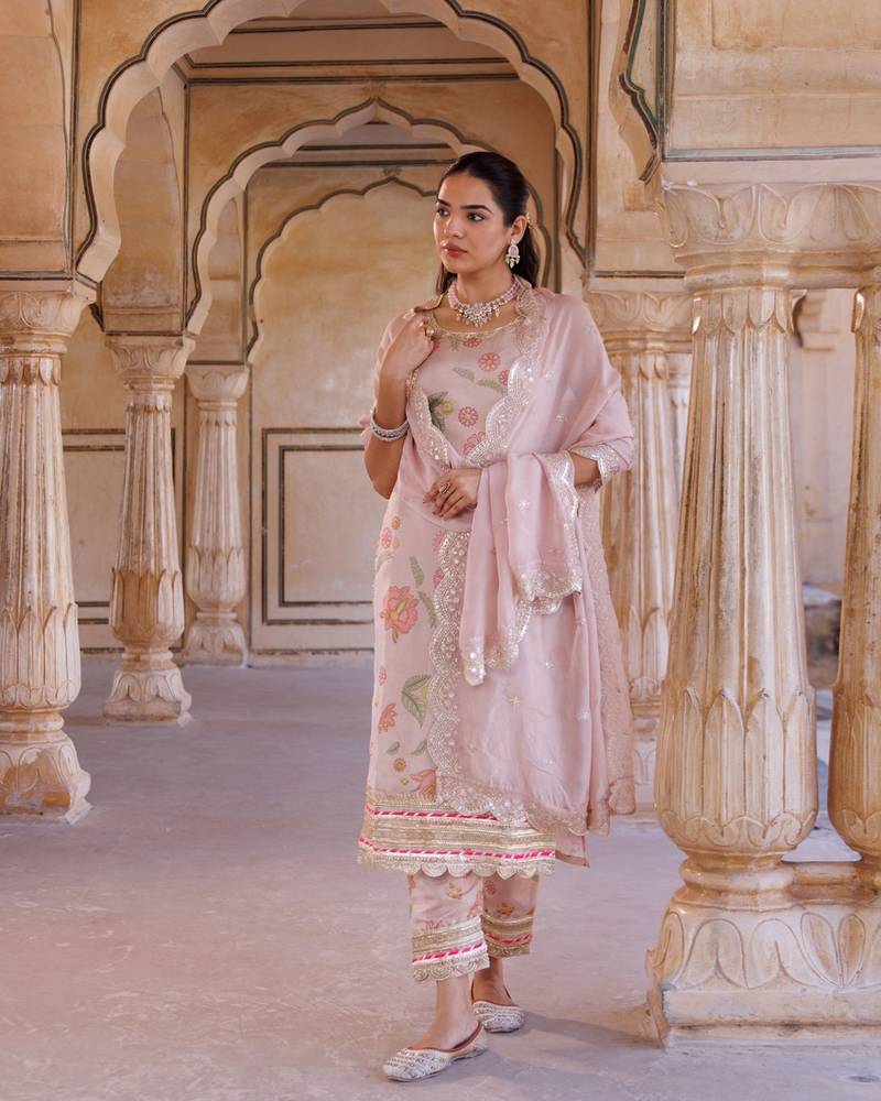 Pink floral printed tissue kurta set