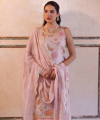 Pink floral printed tissue kurta set 3