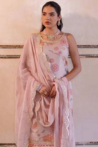 Pink floral printed tissue kurta set