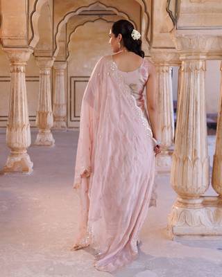Pink floral printed tissue kurta set 4