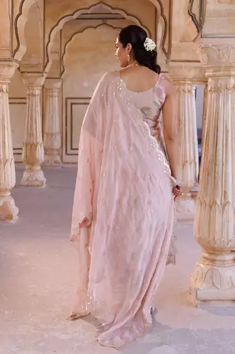 Pink floral printed tissue kurta set