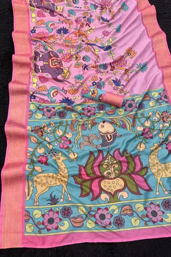 pink  color  printed with weaving border  soft dola silk saree with unstitched blouse 
