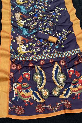 neavy-blue color  printed with weaving border  soft dola silk saree with unstitched blouse 