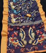 neavy-blue color  printed with weaving border  soft dola silk saree with unstitched blouse 