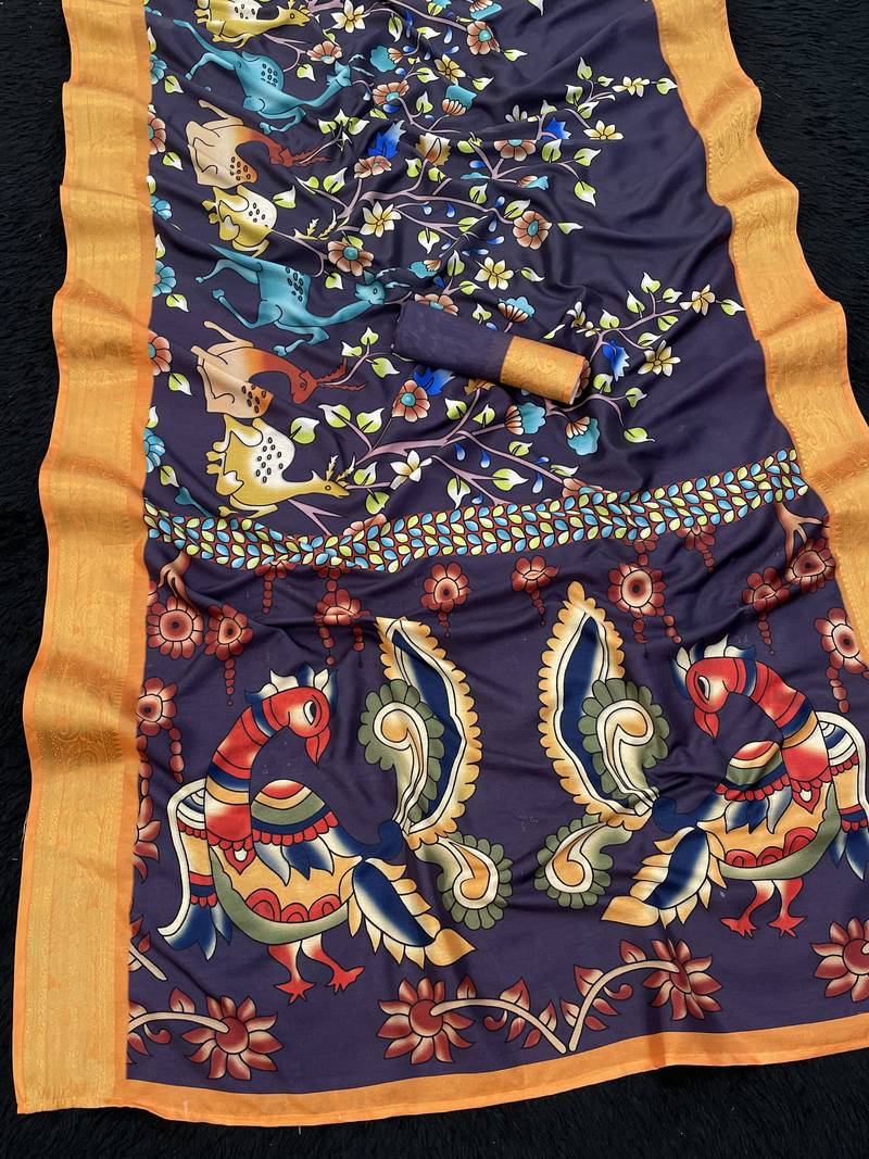 neavy-blue color  printed with weaving border  soft dola silk saree with unstitched blouse