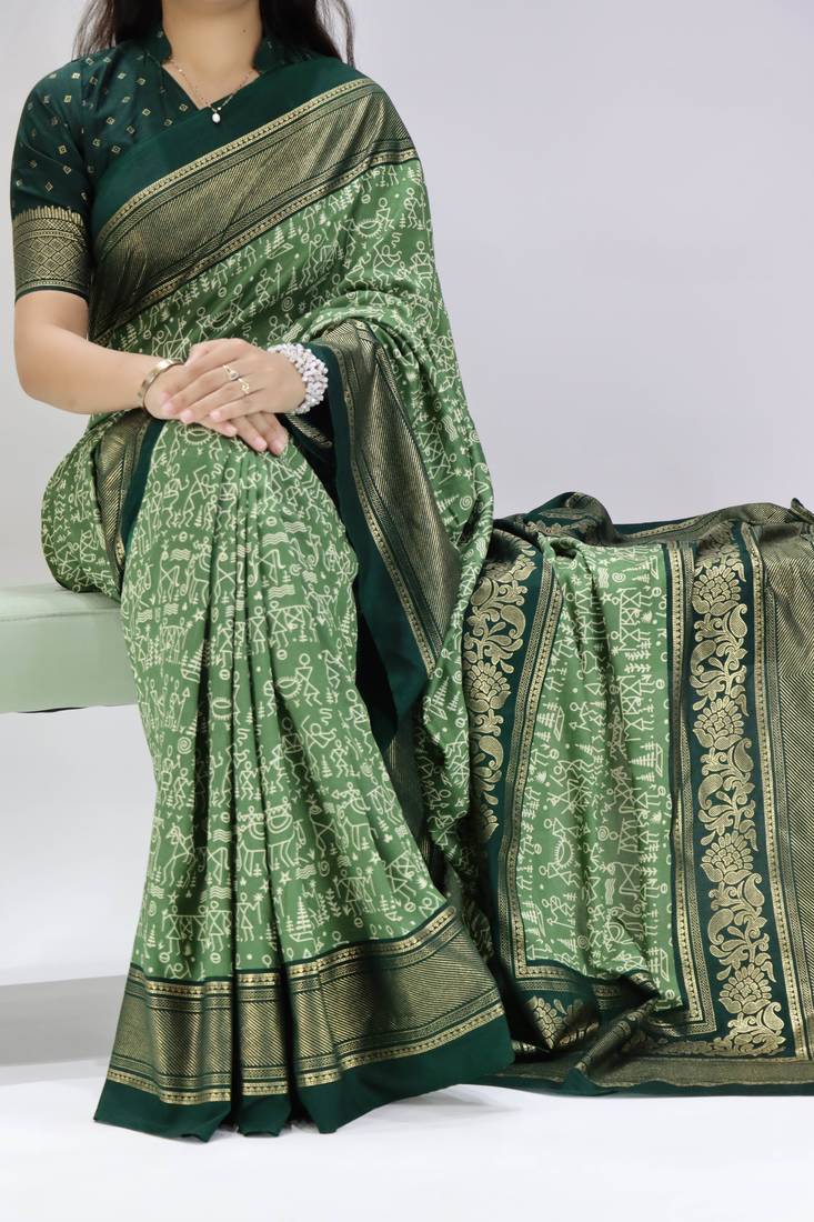 pista color  printed with foil work and contrast border  soft tussar silk saree with unstitched blouse