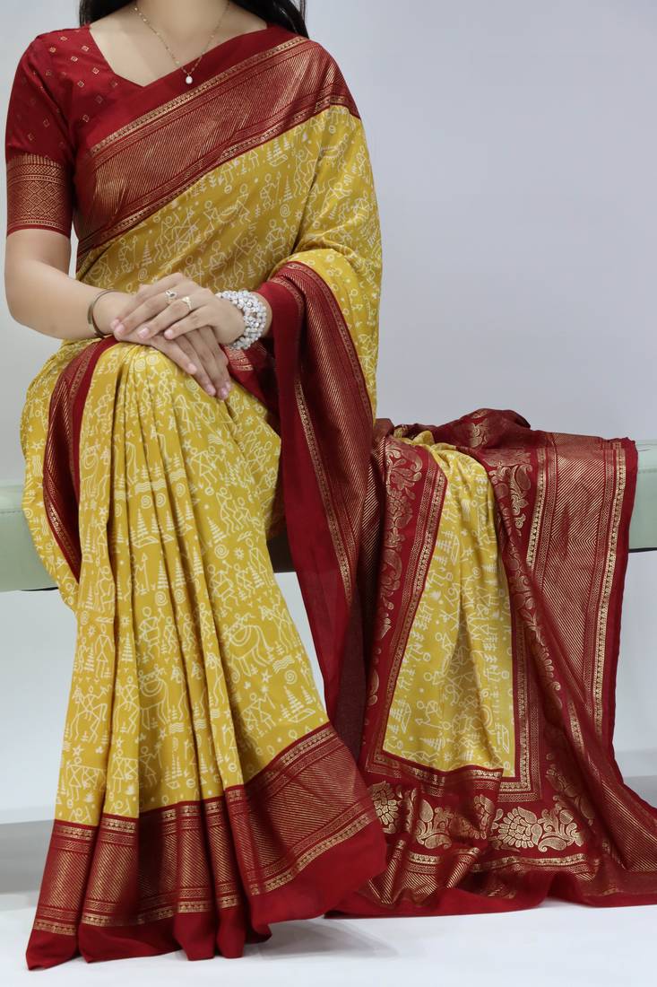 mustard color  printed with foil work and contrast border  soft tussar silk saree with unstitched blouse