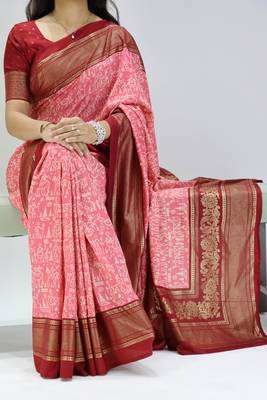 pink color  printed with foil work and contrast border  soft tussar silk saree with unstitched blouse 1