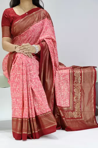pink color  printed with foil work and contrast border  soft tussar silk saree with unstitched blouse