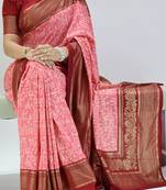 pink color  printed with foil work and contrast border  soft tussar silk saree with unstitched blouse