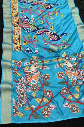 firozi color  printed with weaving border  soft dola silk saree with unstitched blouse 