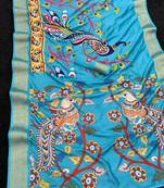 firozi color  printed with weaving border  soft dola silk saree with unstitched blouse 