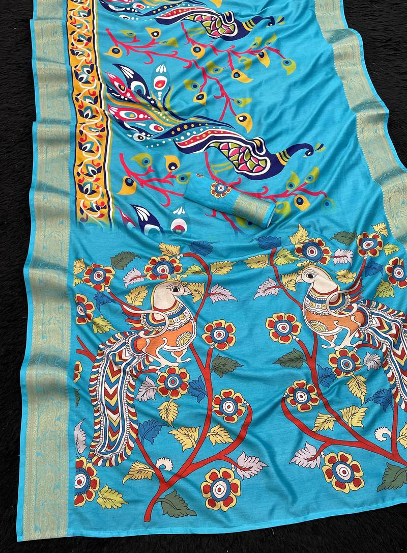 firozi color  printed with weaving border  soft dola silk saree with unstitched blouse