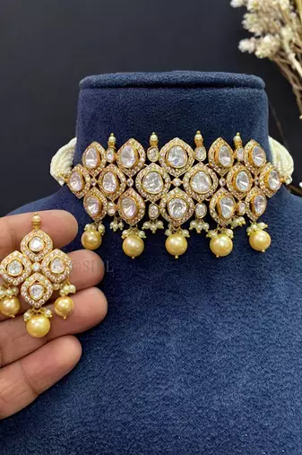 Elegant kundan pearl choker necklace set with matching earrings traditional gold finish jewelry by treemoda