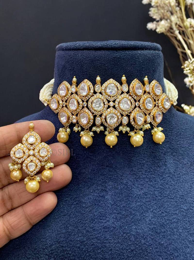 Elegant kundan pearl choker necklace set with matching earrings traditional gold finish jewelry by treemoda