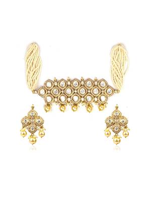 Elegant kundan pearl choker necklace set with matching earrings traditional gold finish jewelry by treemoda 3