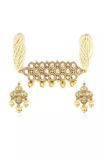 Elegant kundan pearl choker necklace set with matching earrings traditional gold finish jewelry by treemoda