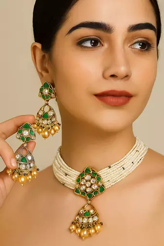 Elegant kundan & pearl choker necklace set with green enamel detailing traditional gold finish jewelry by treemoda