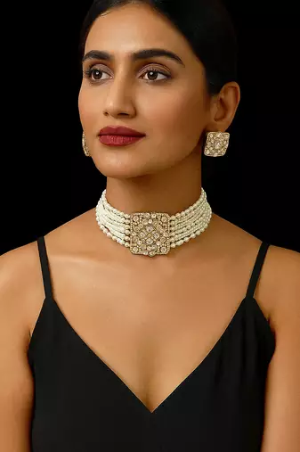 Royal kundan & pearl choker necklace set with square motif traditional gold finish jewelry by treemoda