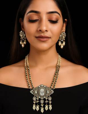 Regal moissanite polki long necklace set with pearl & green bead detailing traditional gold finish jewelry by treemoda 1