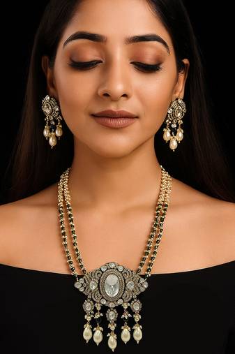 Regal moissanite polki long necklace set with pearl & green bead detailing traditional gold finish jewelry by treemoda