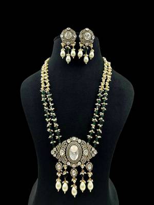 Regal moissanite polki long necklace set with pearl & green bead detailing traditional gold finish jewelry by treemoda 3