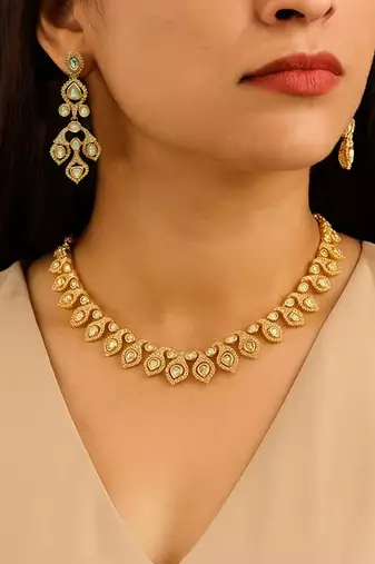 Elegant gold-plated kundan necklace & earrings set traditional gold finish jewelry by treemoda