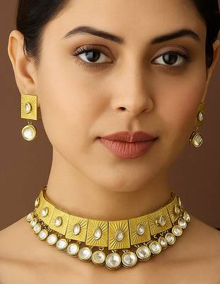Elegant geometric kundan choker necklace with matching earrings traditional gold finish jewelry by treemoda 1