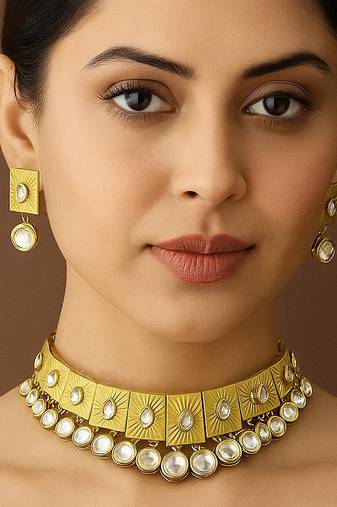 Elegant geometric kundan choker necklace with matching earrings traditional gold finish jewelry by treemoda