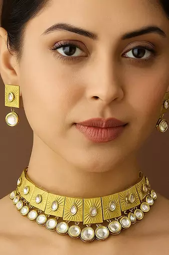 Elegant geometric kundan choker necklace with matching earrings traditional gold finish jewelry by treemoda