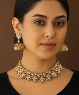Premium moissanite polki necklace with intricate jhumka earrings traditional gold finish jewelry by treemoda 1